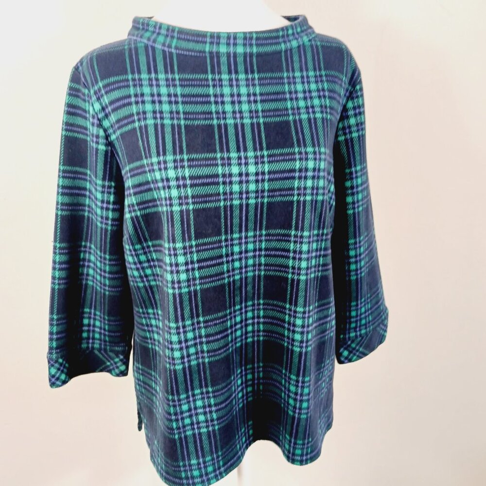 Talbots SZ XLp Green & Navy Blue Black Watch Plaid Top, Boat Neck, 3/4 Sleeves, - Picture 4 of 16